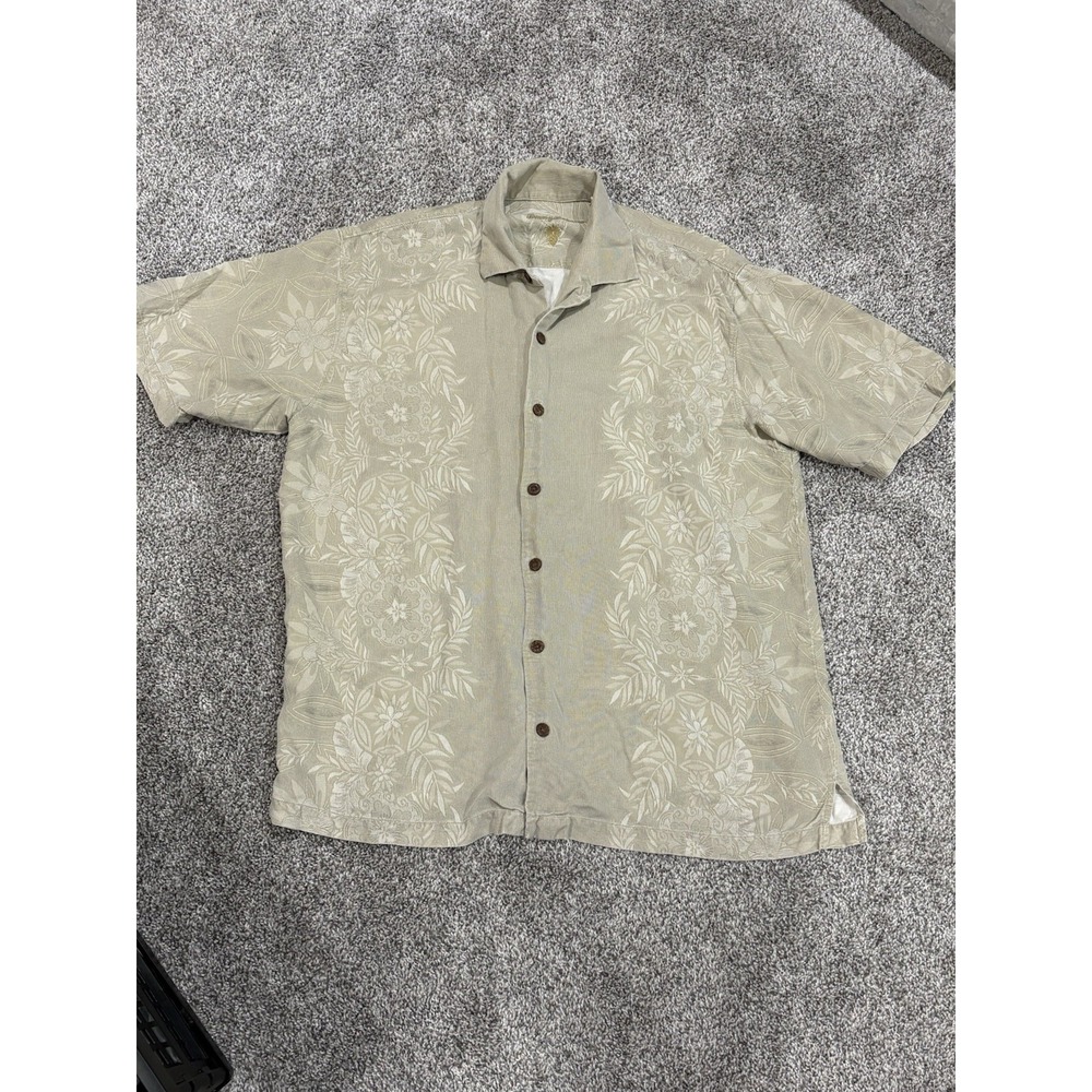 Tommy Bahama Mens Large Tan Floral 100% Silk Blend Shirt Short Sleeve Button Up - Picture 2 of 6